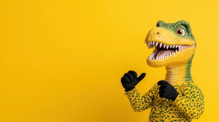 Full-body shot of an anthropomorphic T-Rex wearing a yellow patterned suit, black gloves, and a mask with an open mouth, cheering on a bright yellow background.