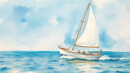 Fototapeta premium Delicate watercolor depictions of a sailboat on a calm sea, with soft hues of blue and white, detailing