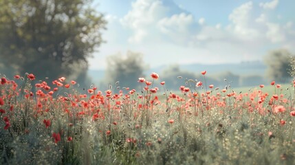A field of red poppies on a sunny day in summer with flowers bursting and blooming against a blurred rural meadow and details in the foreground