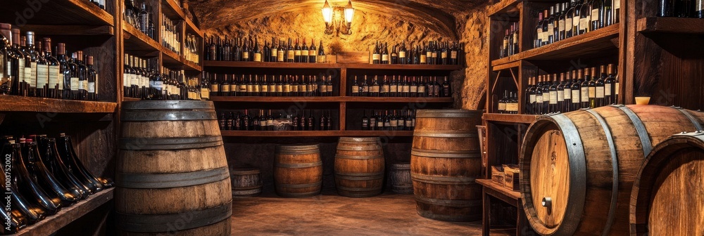 Poster a dimly lit wine cellar showcasing wooden barrels and neatly arranged shelves filled with a variety 