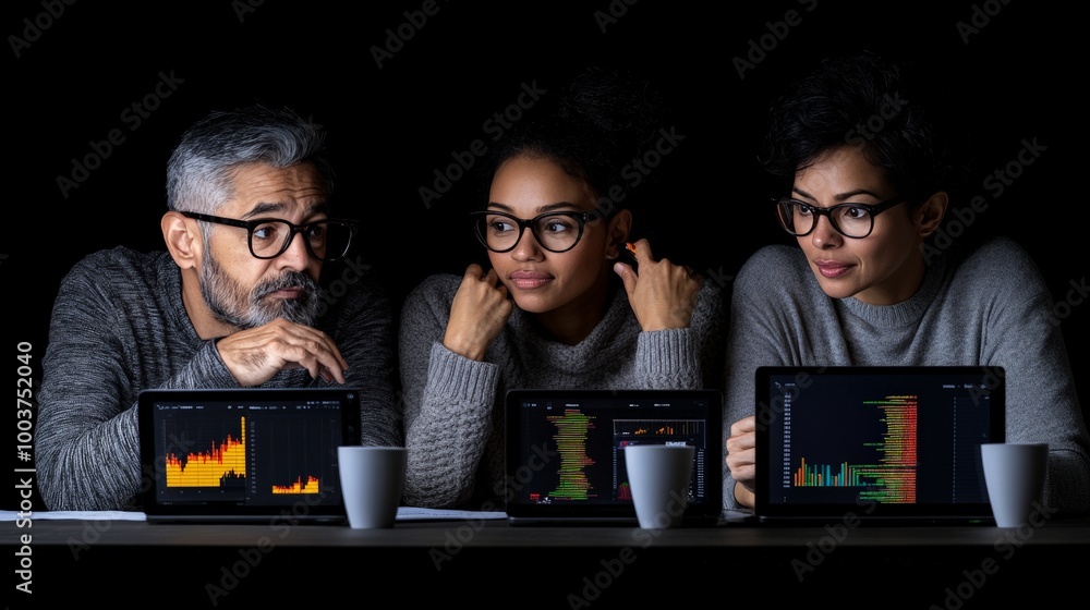 Poster nightly data analysis: a diverse team of professionals intently reviews data on their laptops, illum