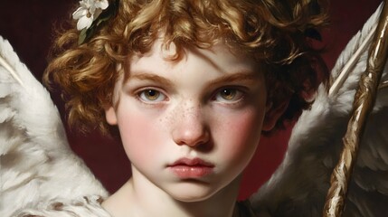 a close-up of a painting depicting a young angelic figure. The child has curly, light brown hair adorned with small white flowers. 
