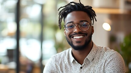 Obraz premium Happy man with dreadlocks and glasses in modern office