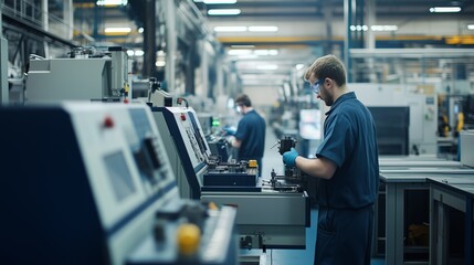 Skilled worker operating machinery in a modern manufacturing facility during an industrial production shift