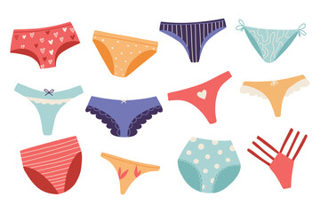 Set of women panties in flat style. Collection of women underwear in hand-drawn style. Vector illustration isolated on white background.