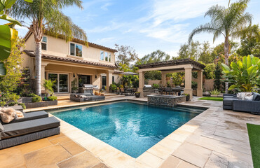 the backyard with an in-ground pool and large patio area of a beautiful home