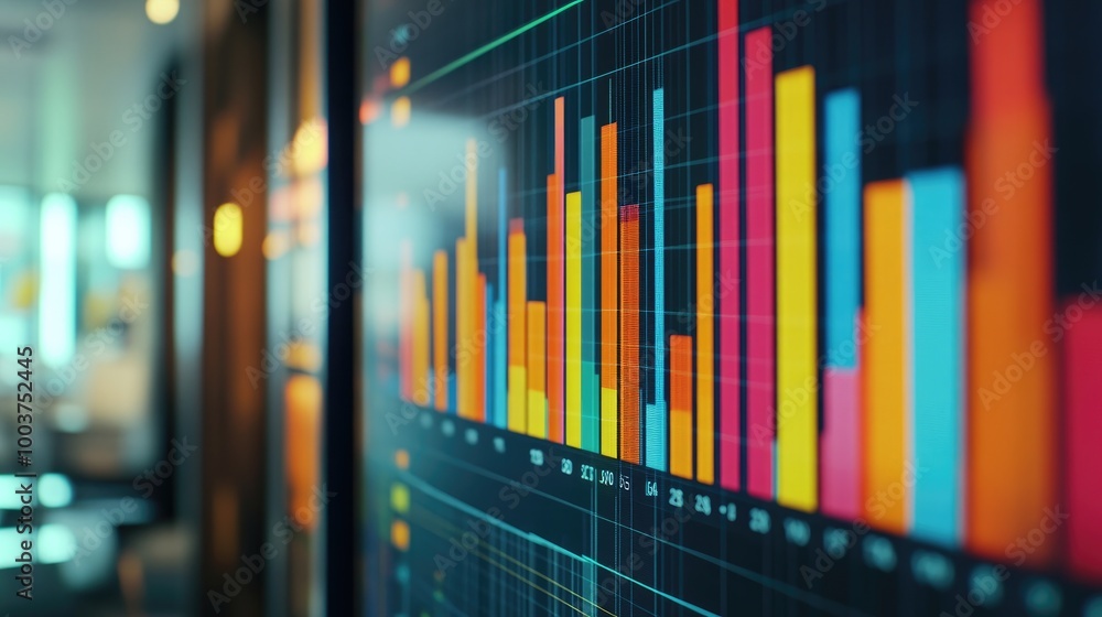 Poster colorful financial data visualization on display screen