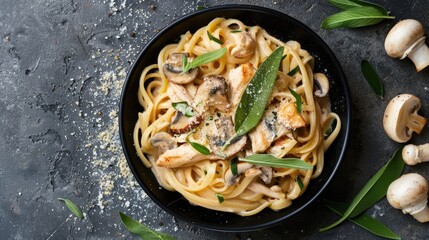 Chicken Pepper Mushroom Alfredo linguine sprinkled with fresh sage leaves in black bowl on concrete table