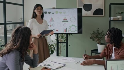 Asian woman discussing plan with team of business partners at office