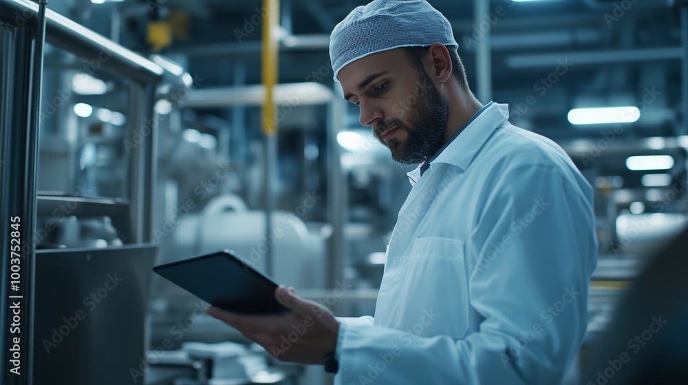Poster scientist examining data on a tablet in a modern laboratory during the day