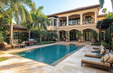 Fototapeta premium the backyard with an in-ground pool and large patio area of a beautiful home