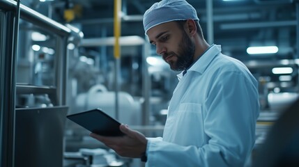 Scientist examining data on a tablet in a modern laboratory during the day