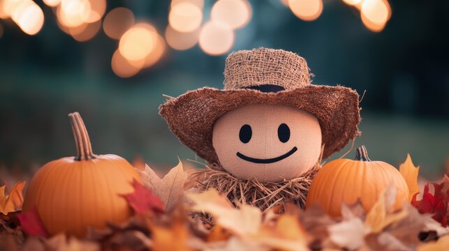 A scarecrow with a rustic, handmade appearance, adorned with autumn leaves and pumpkins, creating a warm, inviting atmosphere.