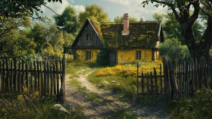 The closed path with a gate made of planks that leads to a beautifully colored farm in shades of yellow old rustic with a thatched roof and a spacious yard enclosed by a wooden fence