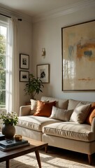 A bright living room features light walls and a cozy sofa, bathed in daylight.
