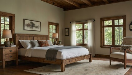 A bright, spacious bedroom showcases a wooden bed with rustic decor and large windows, filled with natural light.