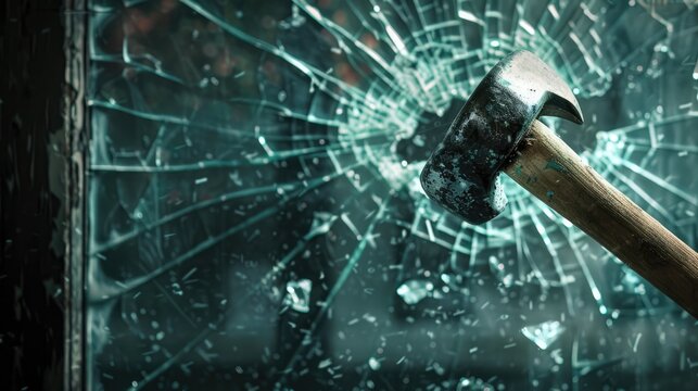 Iron hammer breaking glass window