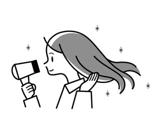 ドライヤーで髪を乾かす若い女性のモノクロイラスト