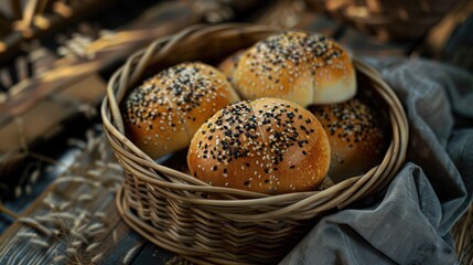 sliced black sesame bread buns in basket on wood