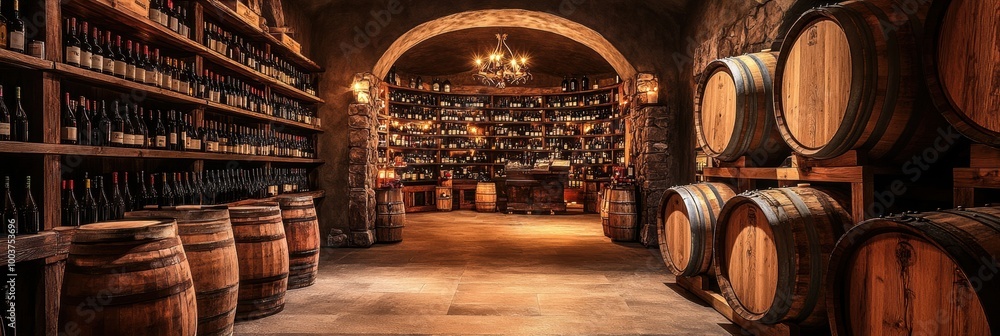 Poster explore a cozy wine cellar showcasing wooden barrels and neatly stacked wine bottles in a warm atmos