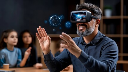 VR Teacher: Immersive Learning: A passionate teacher guides students through a vibrant virtual reality experience, showcasing the potential of technology in education.