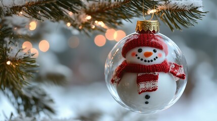 Festive Snowman Ornament on Christmas Tree Branch
