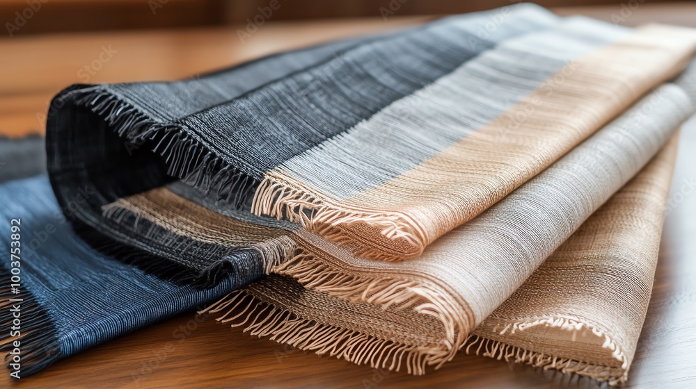 Poster close-up of neatly folded textiles with fringe on wooden table