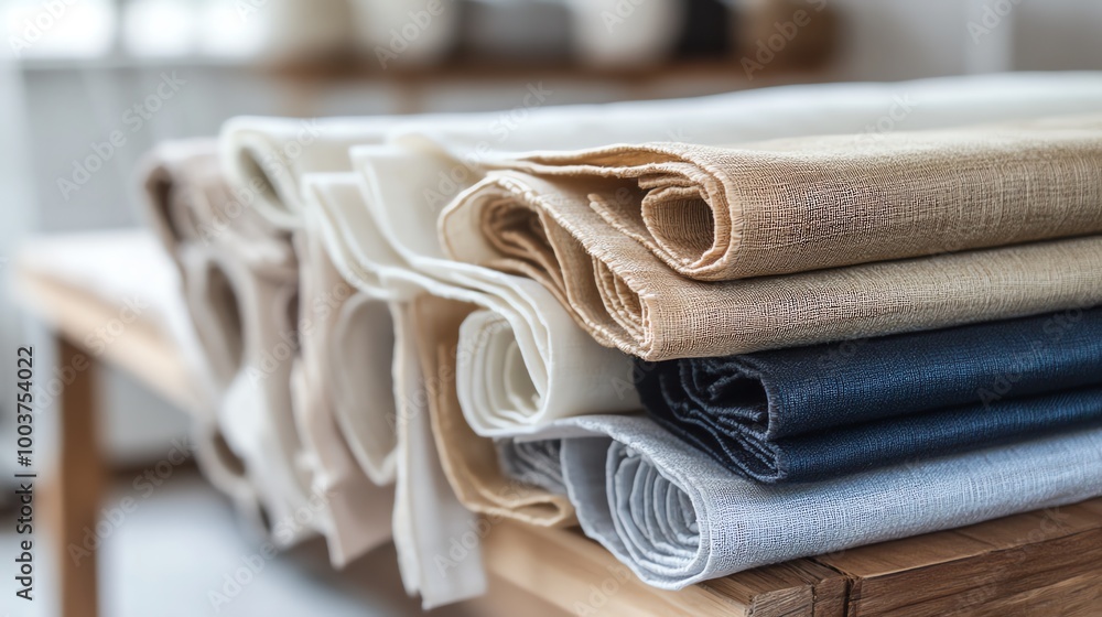 Poster close-up of neatly folded textiles with fringe on wooden table