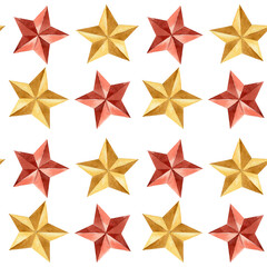 Seamless pattern of red and gold watercolor star isolated on white background. Festive symbol, traditional decorative element. Watercolor hand drawn illustration. Static flat pattern.