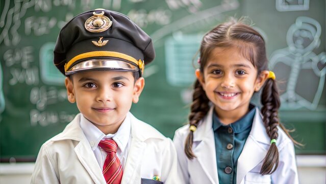 Kids and Career Education Concept: Small Indian Boy and Girl Posing in Front of a Green Chalkboard with Doodles, Dressed as a Pilot and a Doctor with a Stethoscope, Aspiring to Be a Pilot or Doctor



