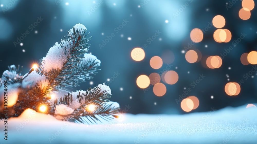 Poster a string of twinkling white lights wrapped around a snow covered pine tree, creating a magical glow.