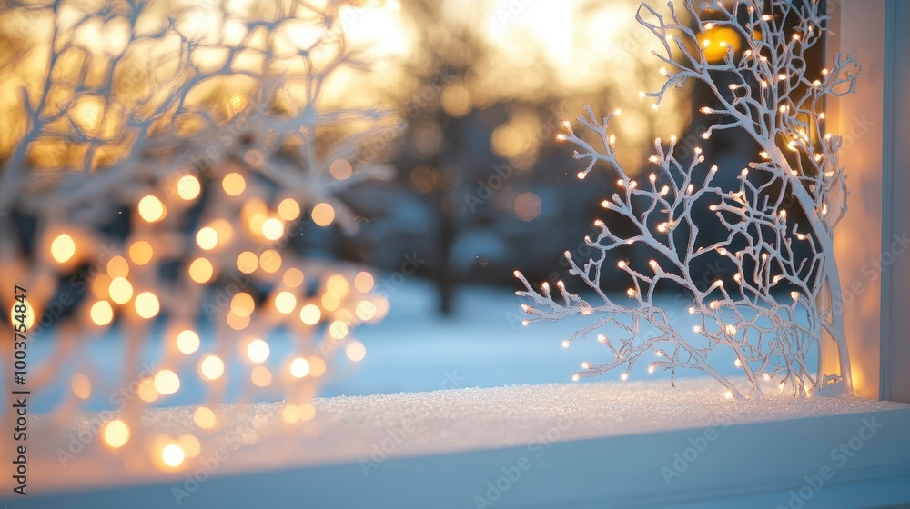 Poster a festive window display with intricate frosty patterns and a string of warm white lights illuminati