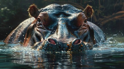 Fototapeta premium A close up of a Hippopotamus submerged with it s Head partially above Water swims disturbing the surface