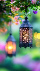 Lanterns hanging from a tree, one of which is lit. The scene is set in a garden with a blue sky and green leaves