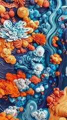 waves in blue, fish in orange, bubbles in white