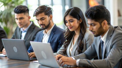Indian Young Businesspeople Using a Laptop During a Group Meeting at a Desk






