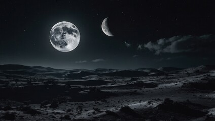 Composite of three nighttime photos with full moon and barren landscape in moonlight