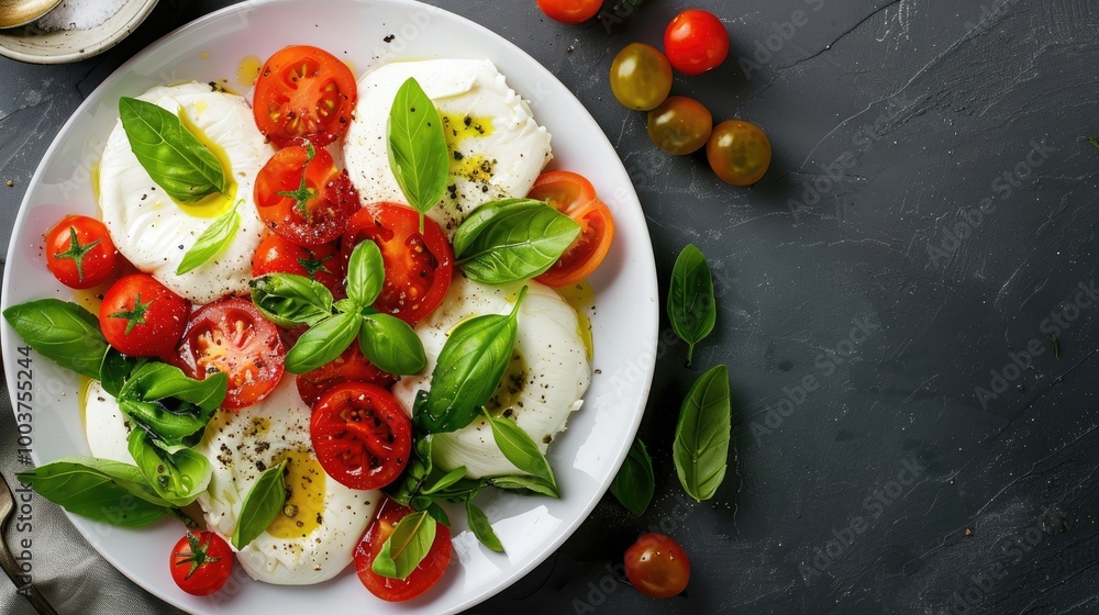 Poster burrata salad with tomatoes and basil in a white plate top view