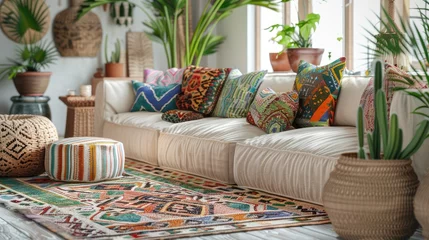 Printed kitchen splashbacks House with cozy boho ethnic interior in living room pillows cushions green plants in flower pot couch or sofa and decoration at home