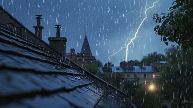 Lightning rod on a roof on a rainy day