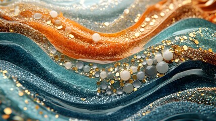 Obraz premium Dynamic mosaic of sea glass and shells, arranged like tidal waves, with bright coral and gold highlights, 3D rendering, Textured details, Futuristic ocean atmosphere