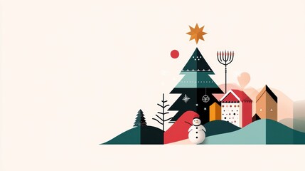 A colorful illustration of a Christmas tree with a star on top, with a menorah, a gingerbread house, and a snowman surrounding it, symbolizing the diversity of holiday traditions.