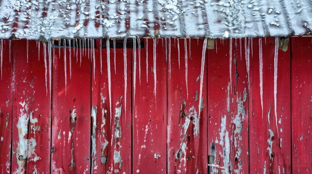 Icicles hanging off roof of all weathered red barn snall falling