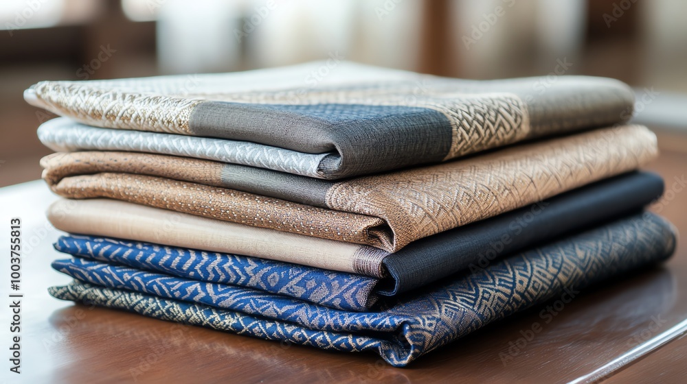 Aufkleber stack of folded fabrics on wooden table, soft textures and patterns.