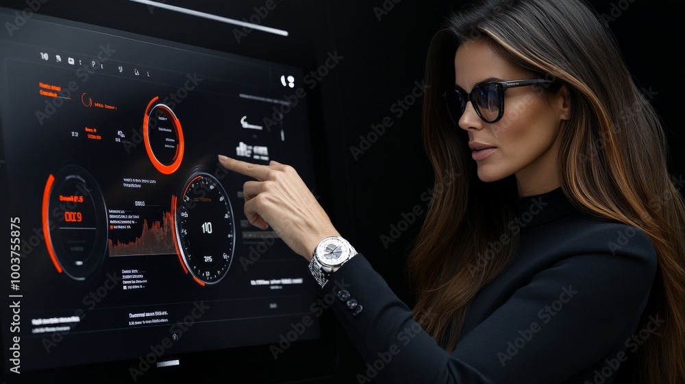 Poster data driven decisions: a confident businesswoman analyzes key performance indicators on a large scre