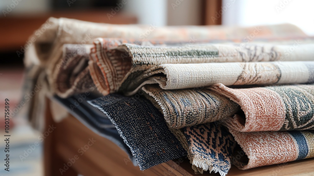 Poster stacks of patterned fabric on display table indoors
