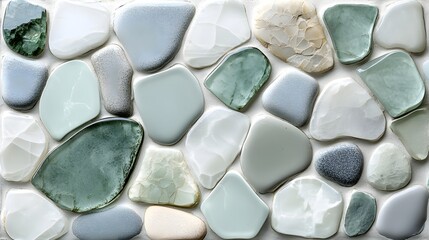 A minimalist mosaic wall with large, irregular sea glass tiles, soft tones of gray, seafoam, and pale green, arranged like smooth beach stones, calm and soothing