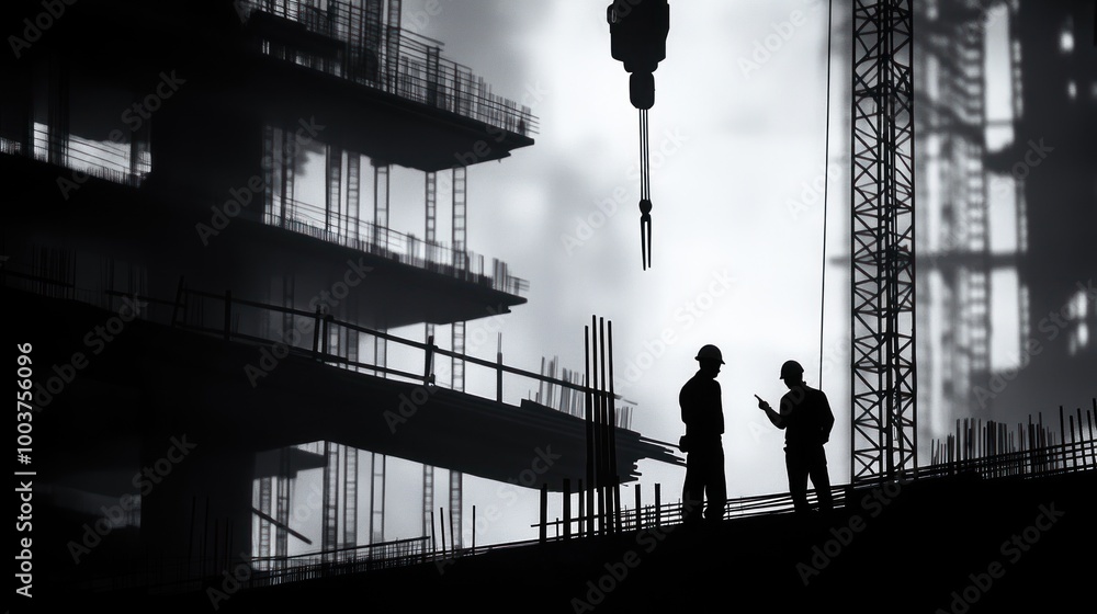 Poster silhouettes of workers at a construction site with cranes and scaffolding in the background.