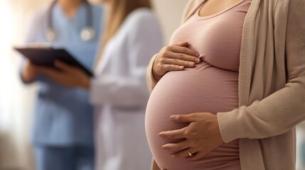 Pregnant woman holding belly during medical consultation