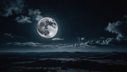 Night scene with waxing crescent moon over mountainous landscape with clouds